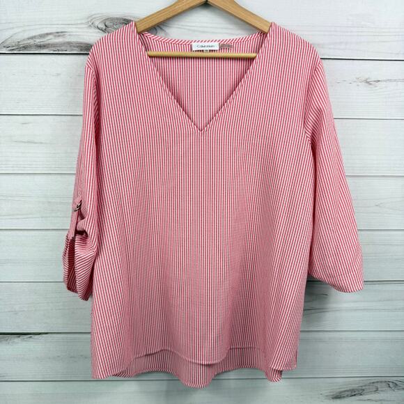Calvin Klein Women's Striped V Neck Quarter Sleeve Blouse XL - Picture 1 of 8